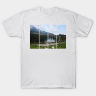 The fabulous alpine lake of Carezza in the Dolomites (Bolzano). Lovely place in the Italian Alps. Reflections in the water. View from the hill. Sunny spring day. Trentino Alto Adige T-Shirt